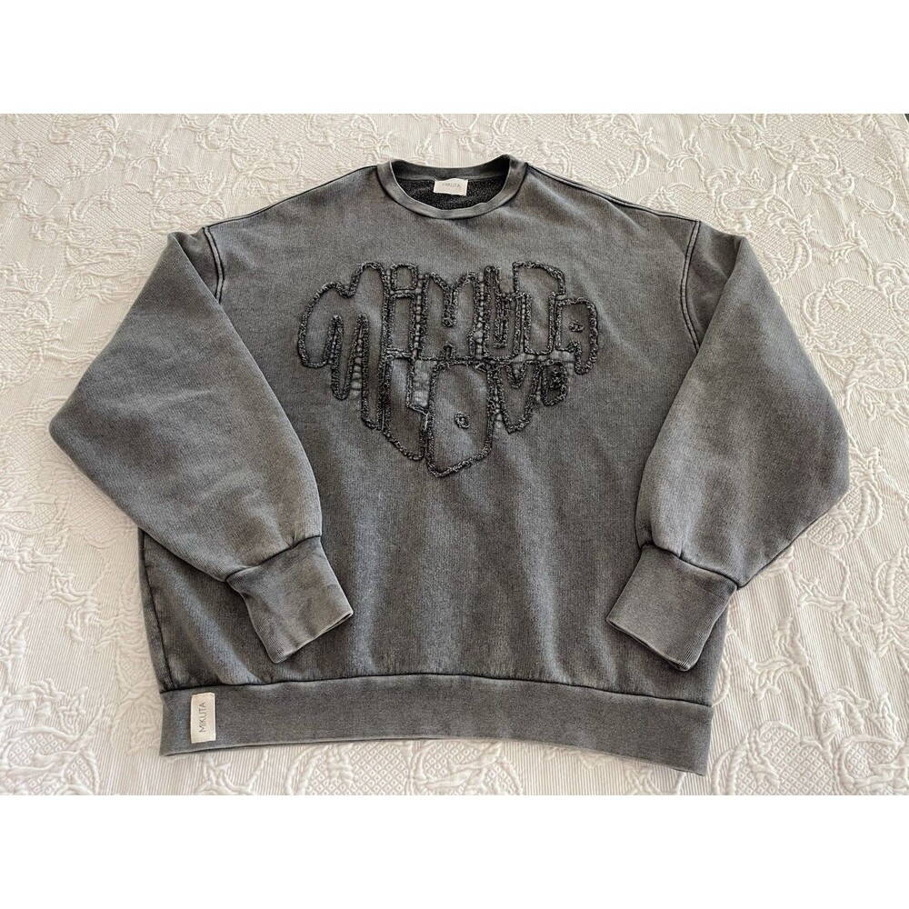 MIKUTA Faded Love Relaxed Sweater Sweatshirt Distressed 3D Gray Oversized Small